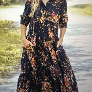 Rebecca Midi Dress - Navy Red Bouquets